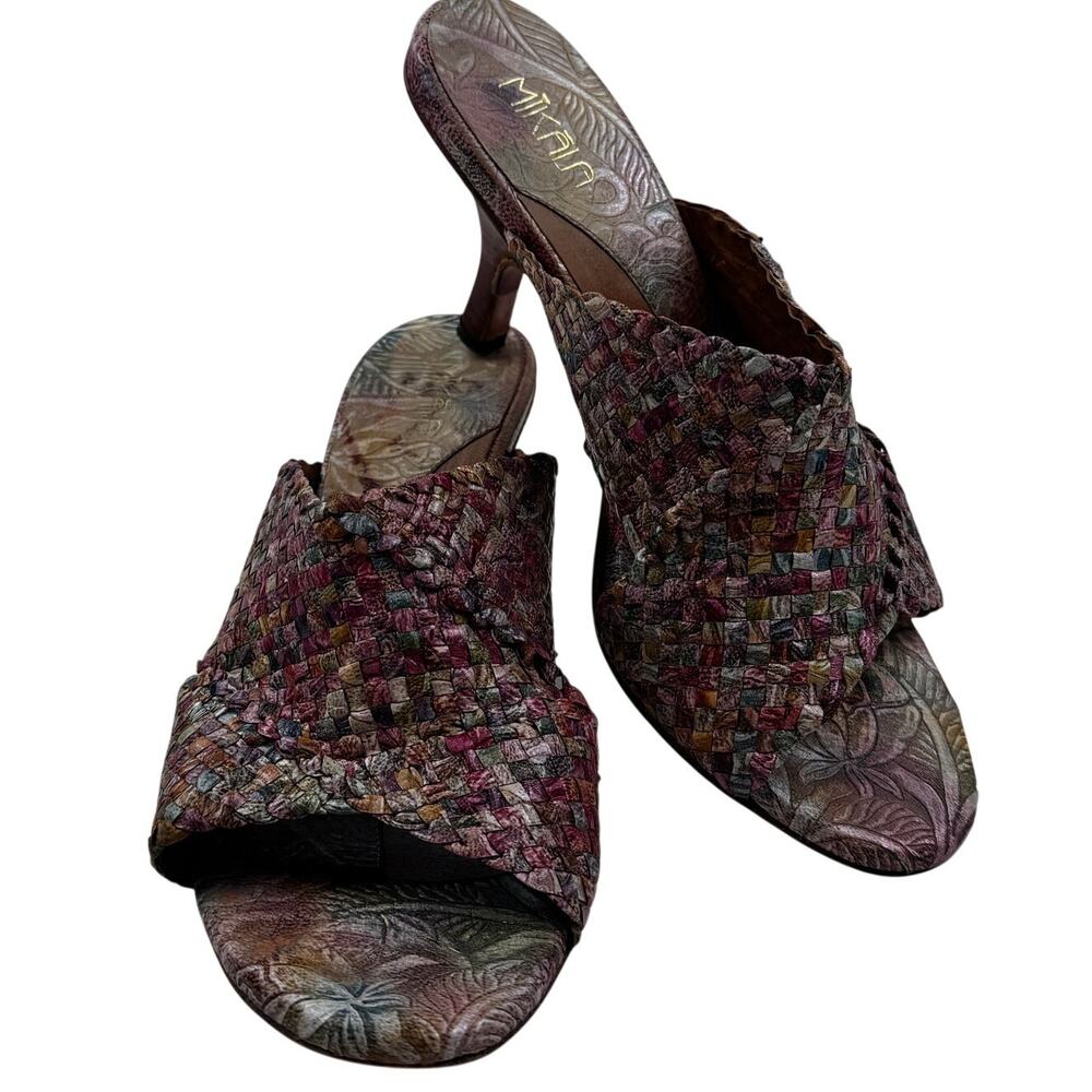 Mikala Vintage Floral Multicolor Basketweave Leather Heeled Sandals Women's 10